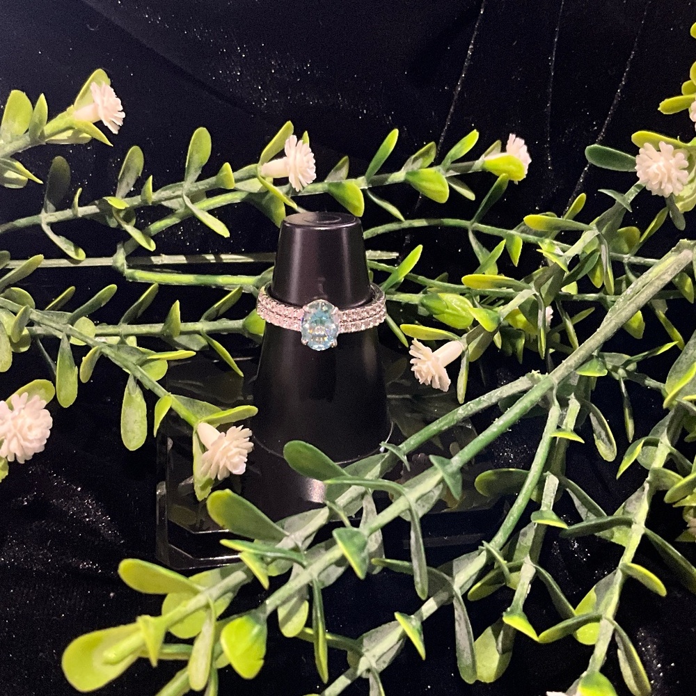 Tiffany Blue Oval Moissanite Wedding Set Sz 8 White Gold